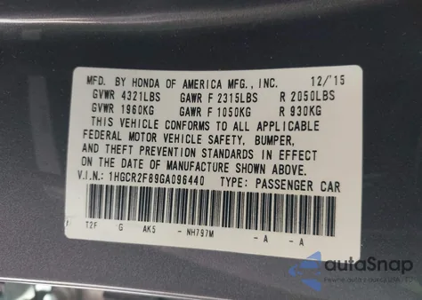 2016 Honda Accord Ex-L from USA, damaged, VIN 1HGCR2F89GA096440